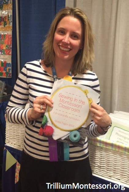 Aimee Fagan with her brand new sewing curriculum book at the AMS Montessori Conference in Philapdelphia