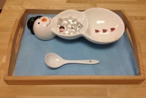 spooning gel beads- Montessori fine motor winter