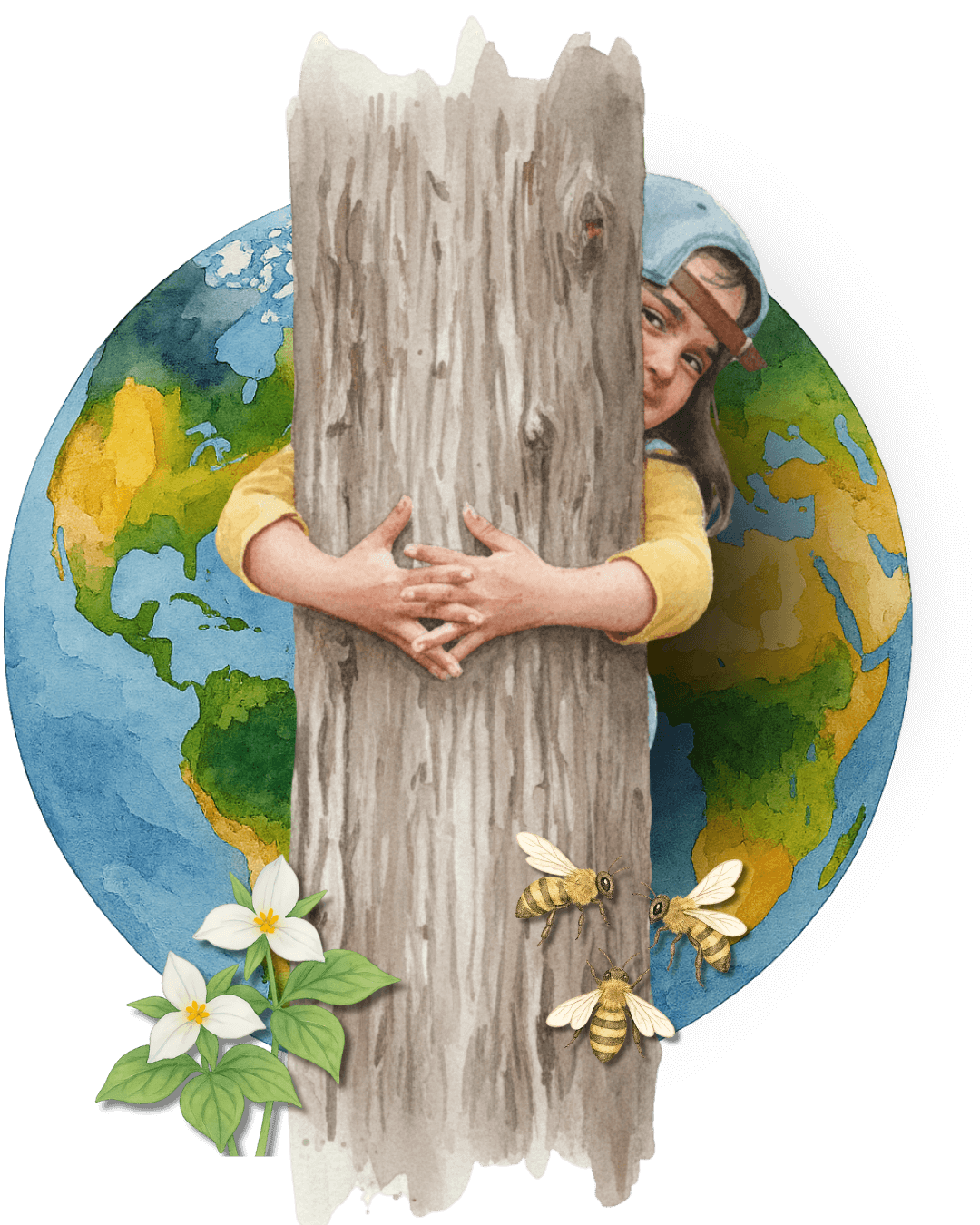 Collage of child hugging a tree with a globe behind her and flowers and bees in front, from the Trillium Montessori Biomes Curriculum
