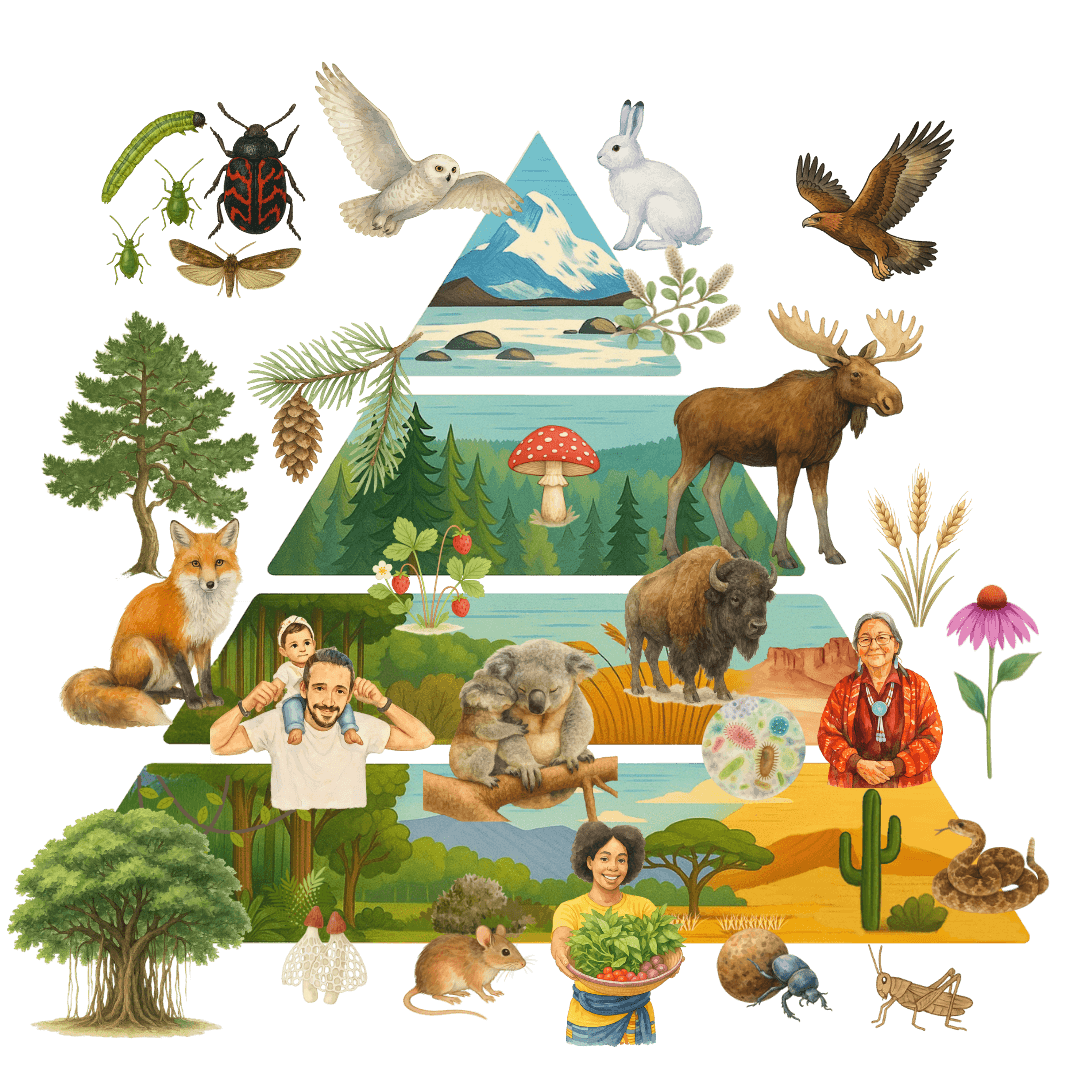 Collage of the biome pyramid and organisms from the Trillium Montessori Biomes Curriculum