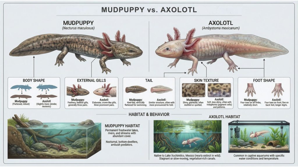 Illustration comparing Mudpuppy (Necturus maculosus) and Axolotl (Ambystoma mexicanum) features including external gills, tail, skin texture, body shape, and limb counts.