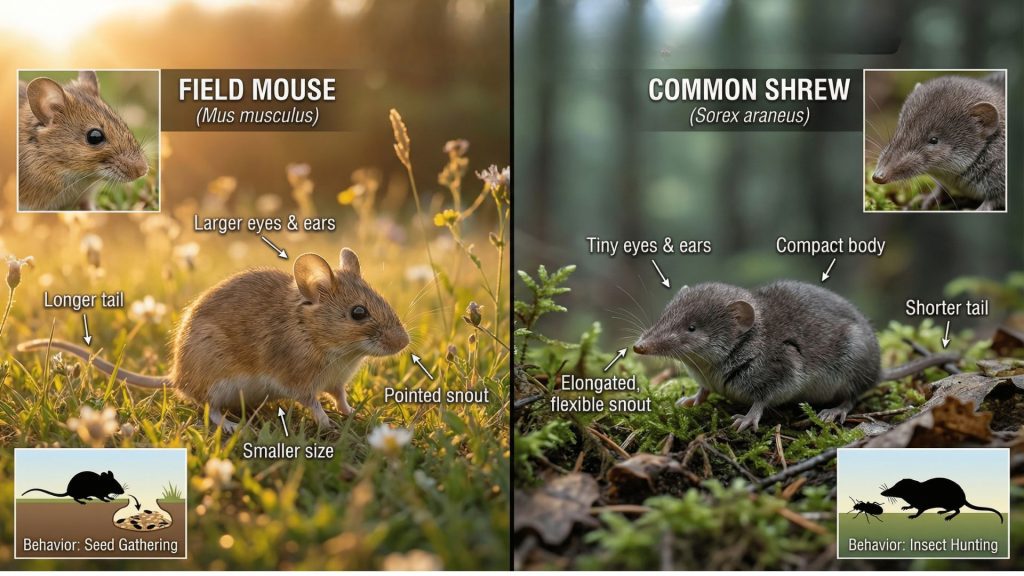 Mouse vs shrew infographic comparing field mouse and common shrew physical features and behavior differences.