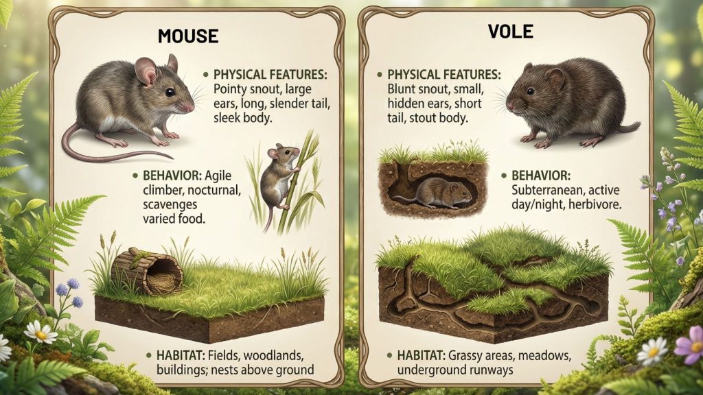 Illustrated infographic comparing a mouse and a vole, highlighting physical features like snout shape, ears, tail length, fur texture, and habitat distinctions.