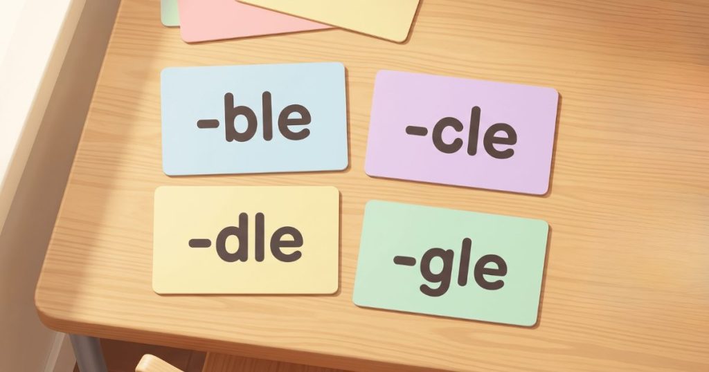 Colorful consonant LE word endings cards showing -ble, -cle, -dle, and -gle as word list chunks for teaching multisyllabic patterns.