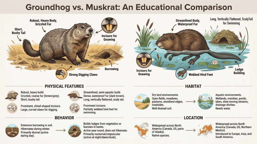 Infographic comparing Groundhog vs Muskrat: robust brown fur and digging claws versus a semi-aquatic muskrat with waterproof fur and scaly tail.