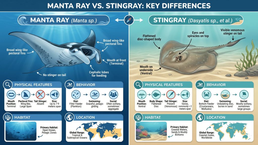 Manta ray vs stingray infographic comparing Manta sp. and Dasyatis sp., with broad pectoral fins, disc-shaped bodies, and a venomous tail stinger.