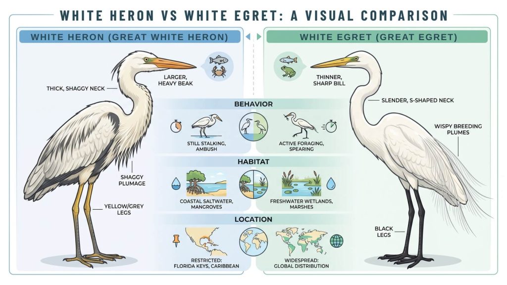 White Heron vs White Egret visual comparison showing thick neck and larger heavy bill with pale yellow or greenish legs on the left, thinner sharp-billed bird with black legs on the right.