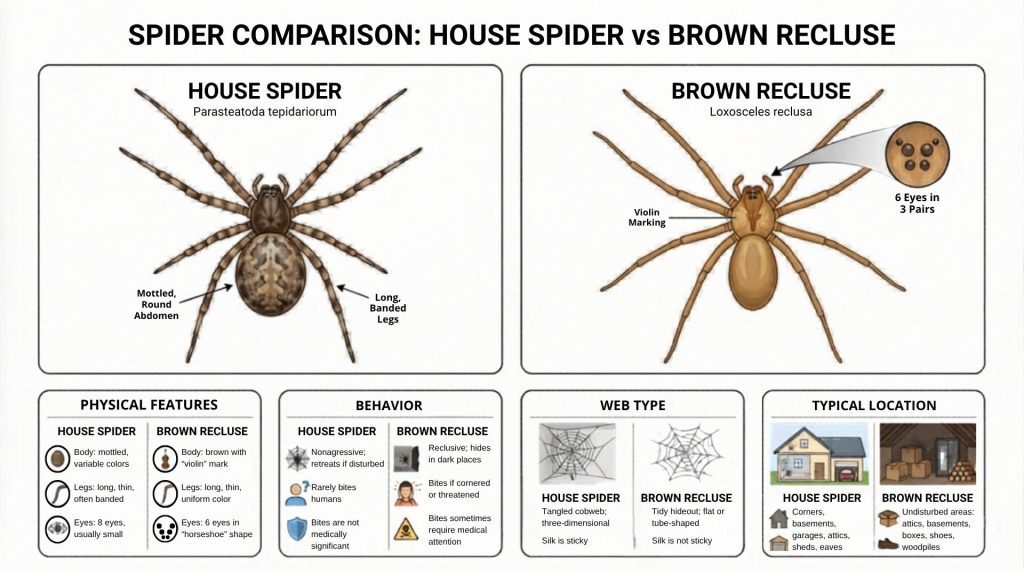 Spider comparison infographic showing House Spider (Parasteatoda tepidariorum) vs Brown Recluse (Loxosceles reclusa), highlighting 8 eyes versus 6 eyes, and the Brown Recluse's telltale violin marking