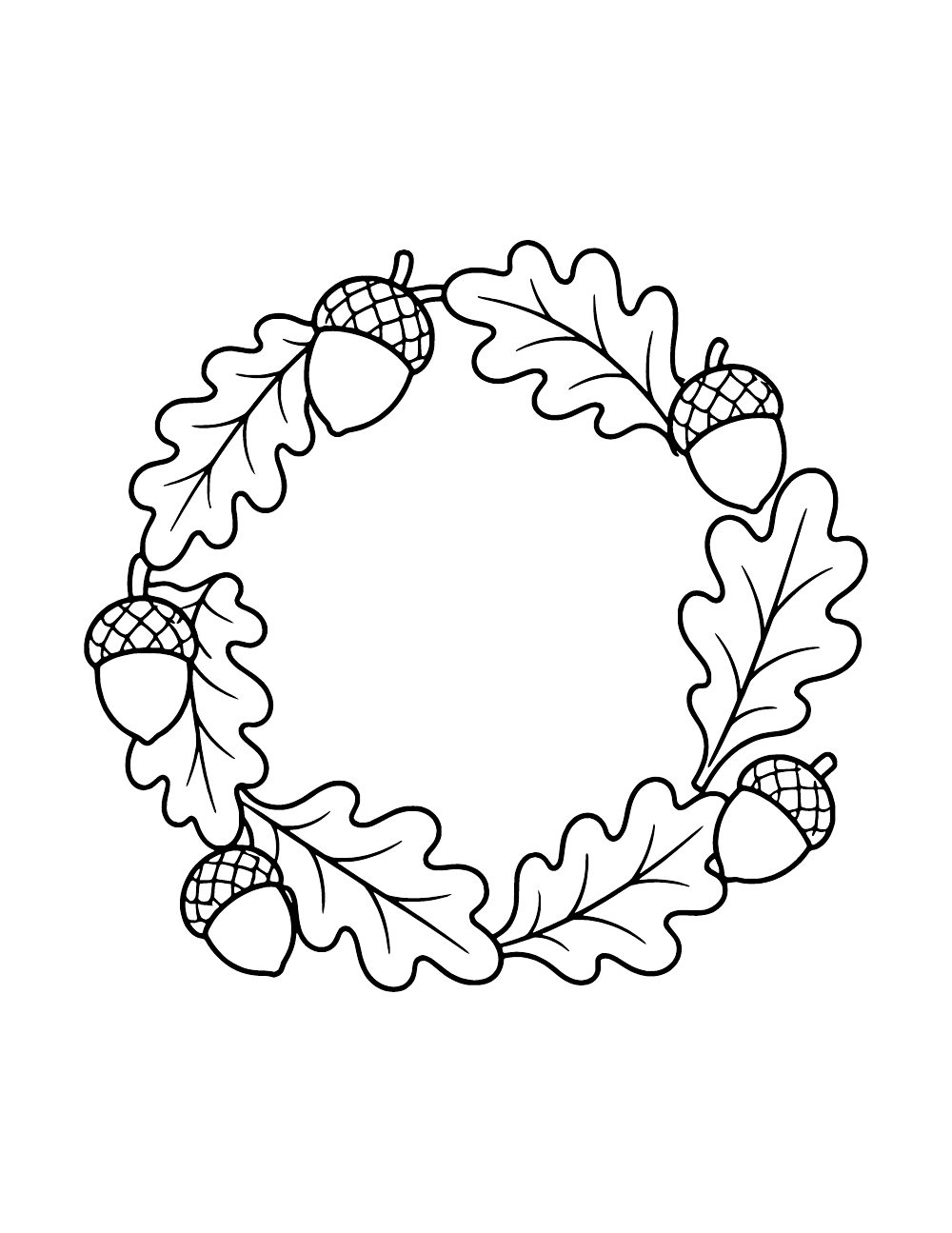 A circular wreath of acorns and oak leaves with an open center.
