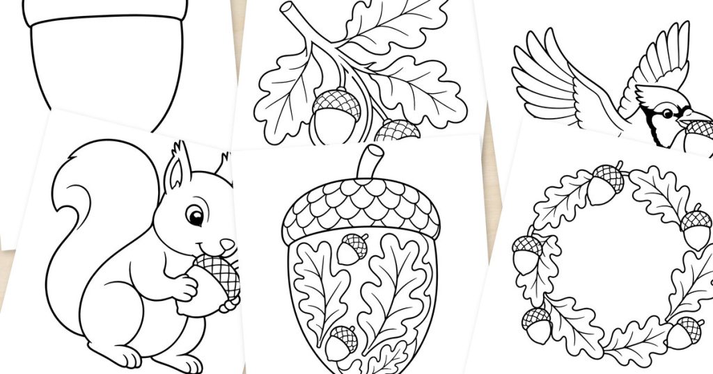 Overlapping acorn, oak leaf and woodland coloring pages on a wood background