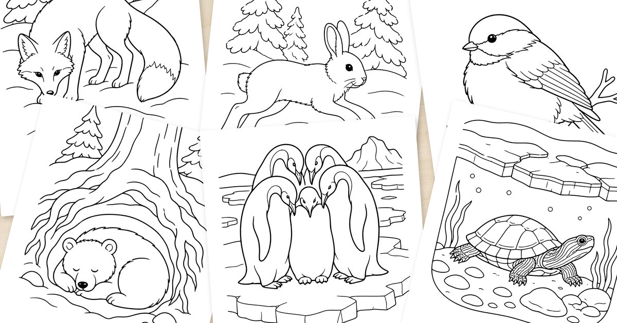 Overlapping animals in winter coloring pages on a wood background