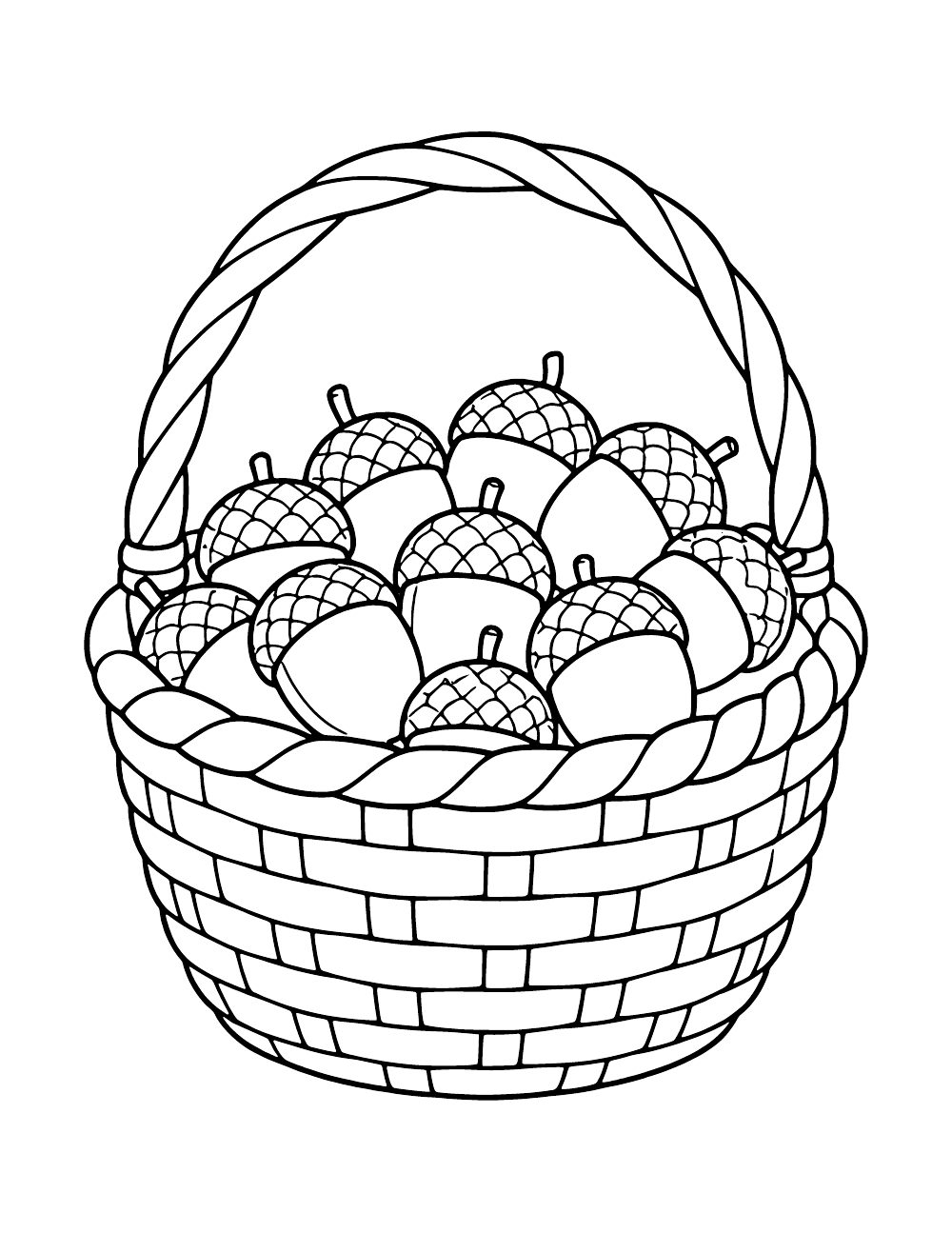 A woven basket filled with acorns.