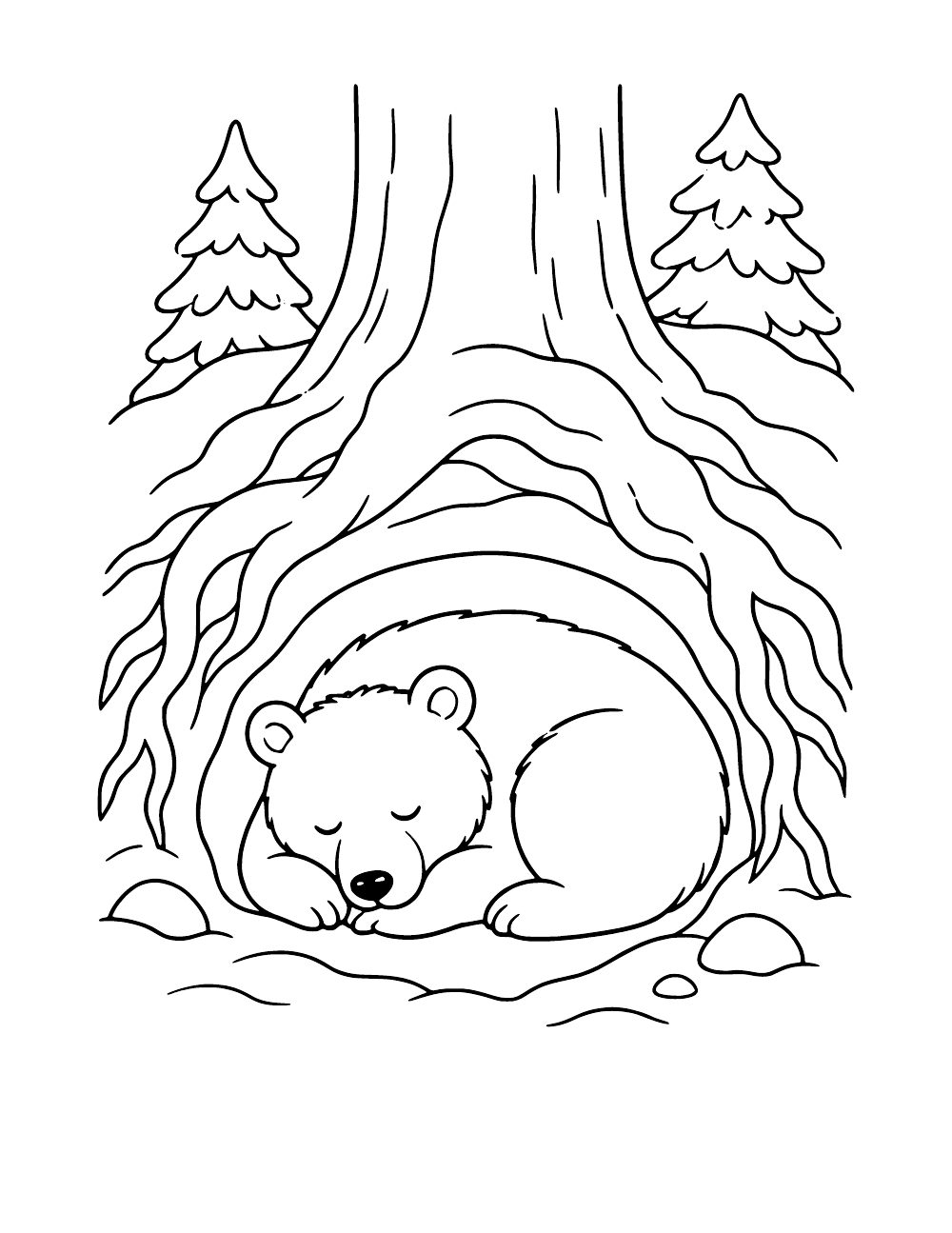 Black bear curled up in a winter den beneath tree roots, coloring page