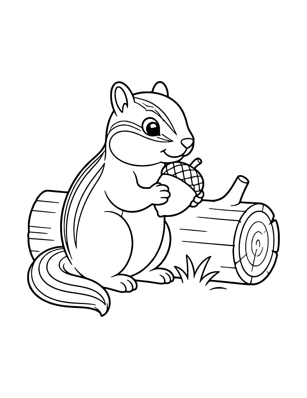 A striped chipmunk holding an acorn beside a fallen log.