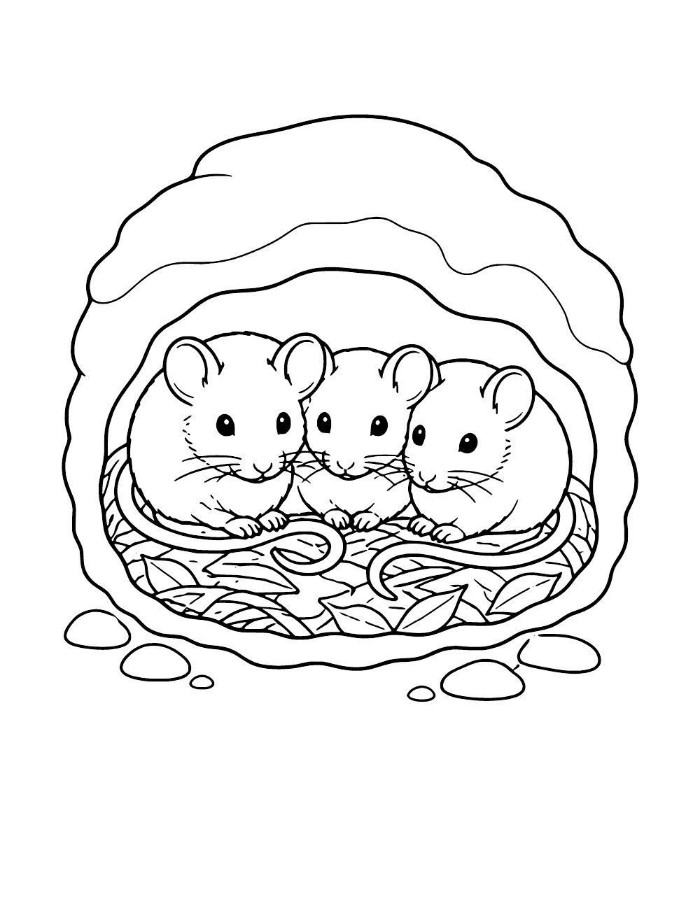 Three deer mice huddled together in a sheltered nest beneath snow, coloring page
