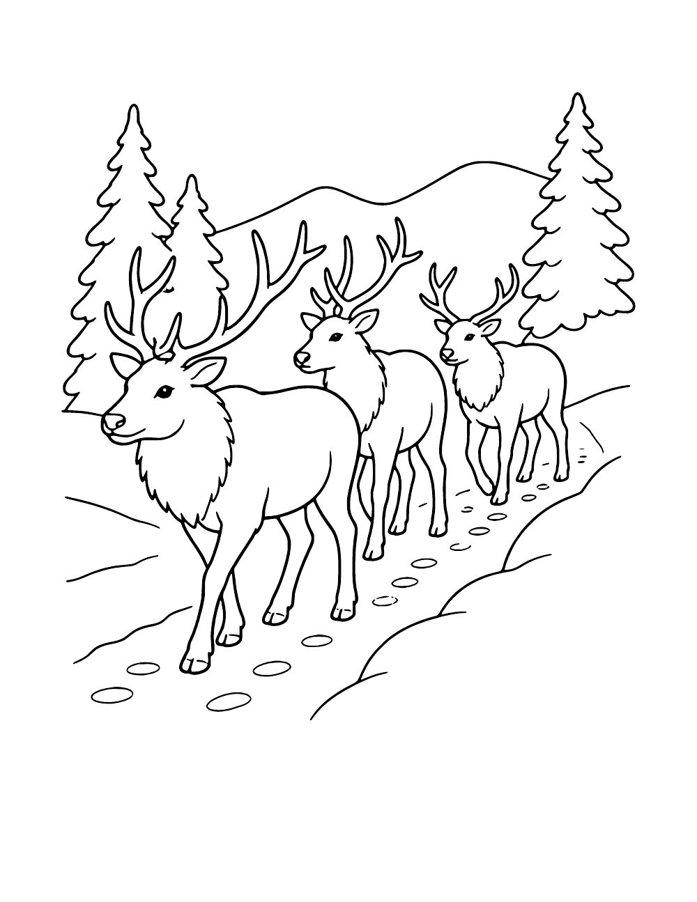 Three elk walking single file along a trail through the snow, coloring page