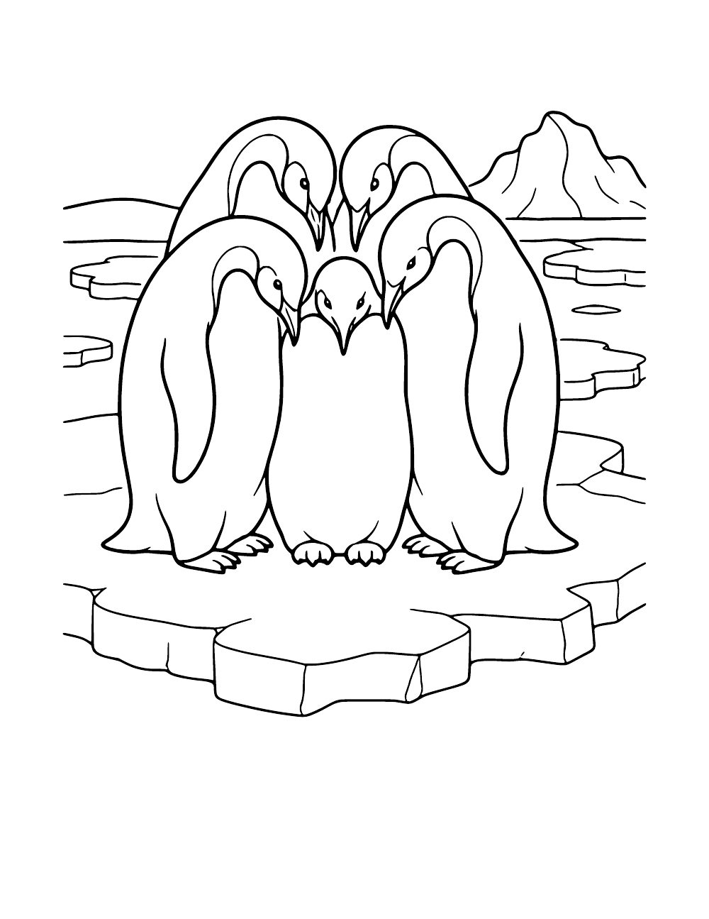 Emperor penguins huddling together on Antarctic ice, coloring page