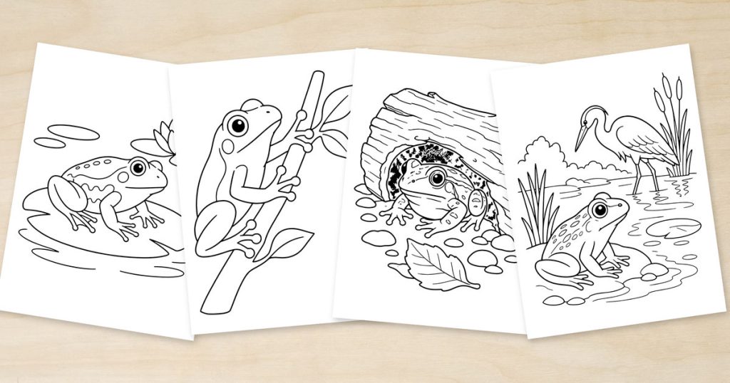 Four overlapping frog coloring sheets on a light wood surface show a frog on a lily pad, a climbing frog, a frog beneath a log and a pond scene with a wading bird.