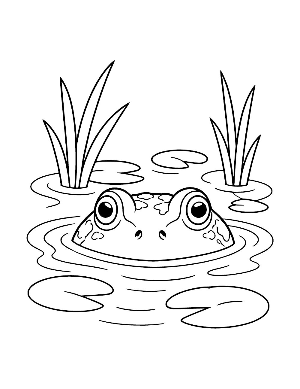 Front view of a frog's eyes and the top of its head above pond water, surrounded by ripples, lily pads and reeds.