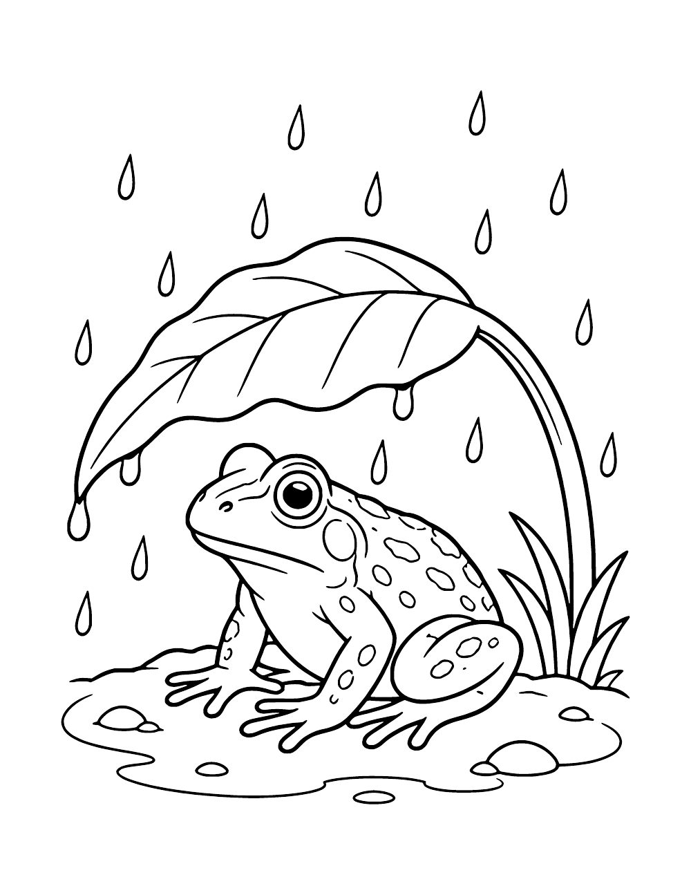 Spotted frog sitting beneath a large arching leaf as raindrops fall around it.