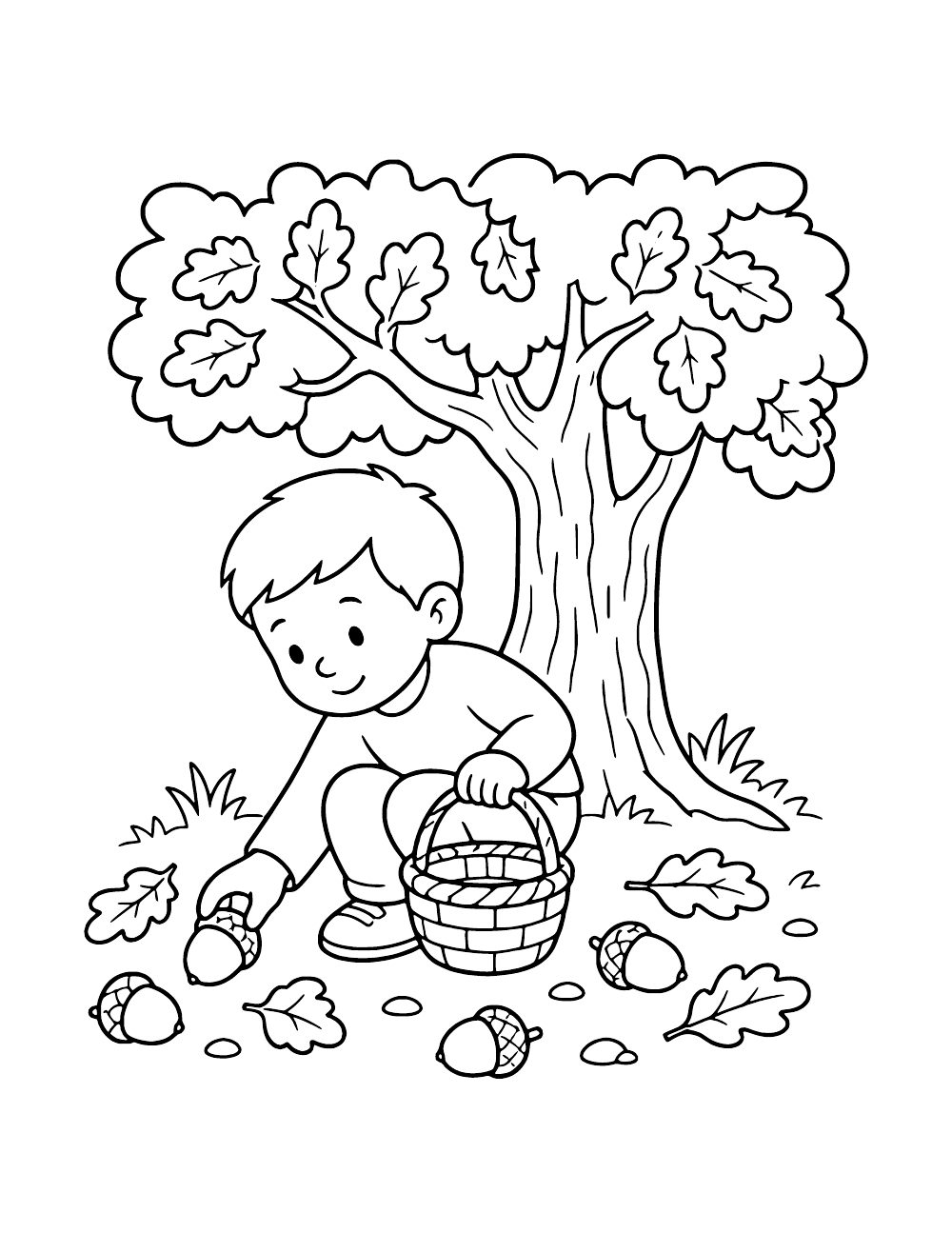 A child collecting fallen acorns beside a basket beneath an oak tree.