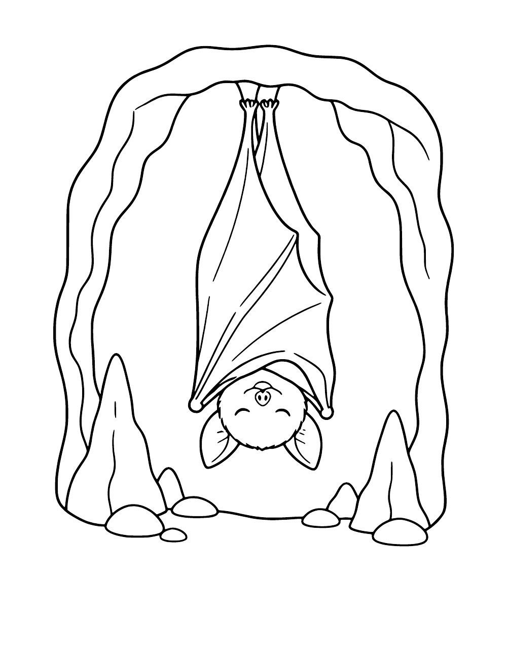 Little brown bat hanging upside down with folded wings in a cave, coloring page