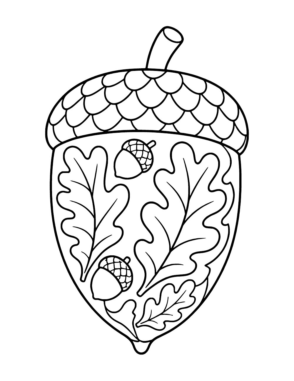 An open acorn outline containing decorative oak leaves and small acorns.
