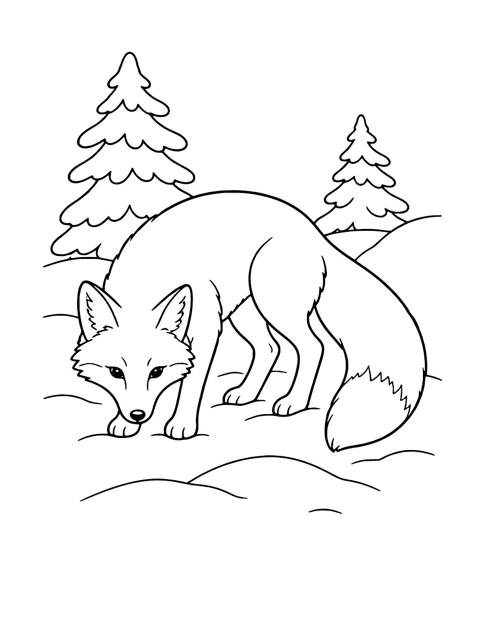 Red fox lowering its head toward the snow while searching for prey, coloring page