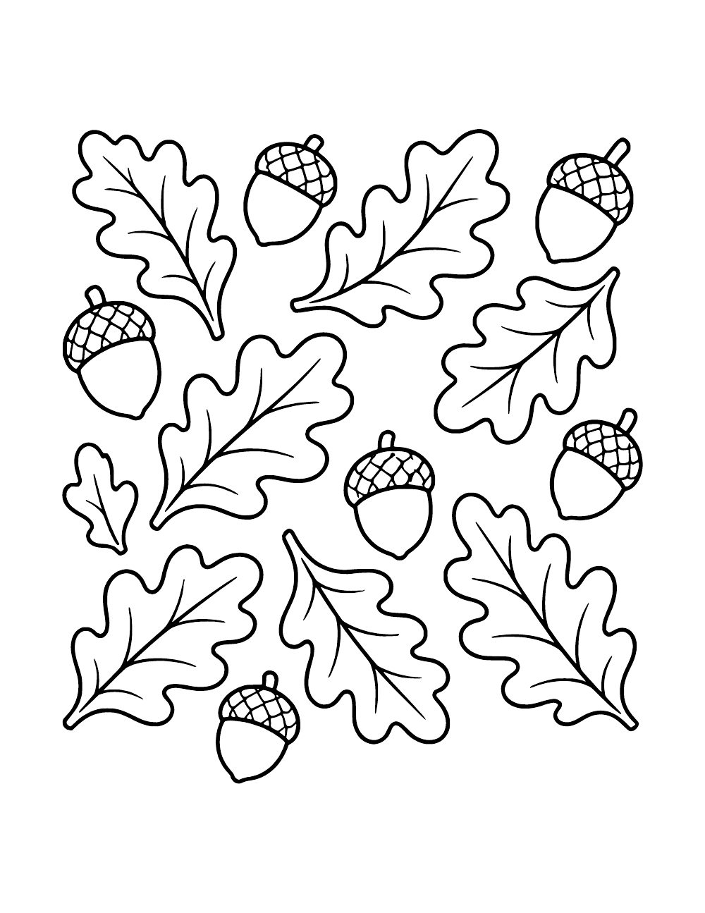 A decorative arrangement of repeated acorns and oak leaves.