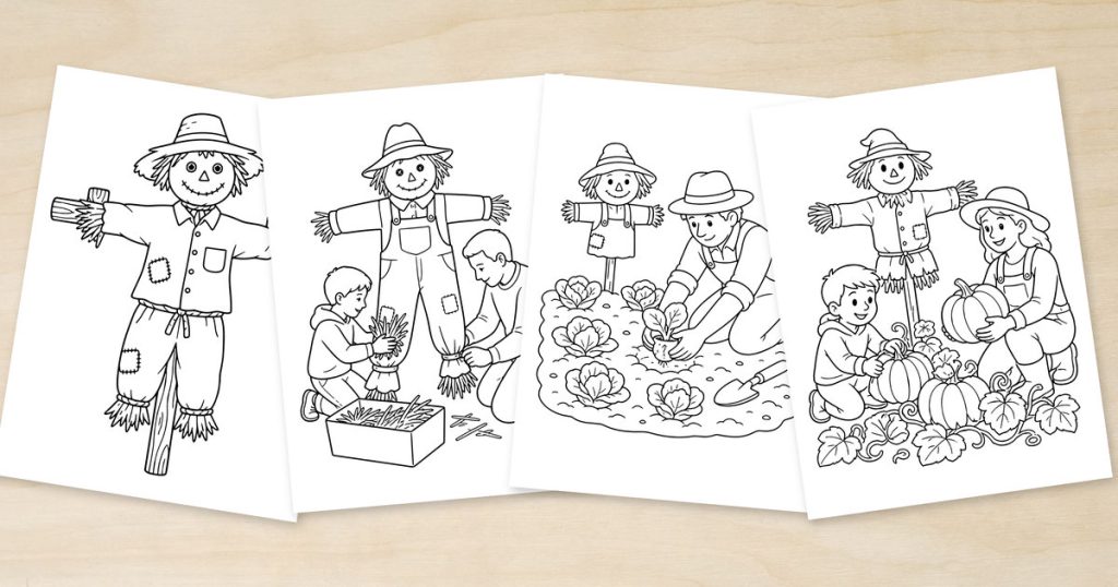 Four overlapping scarecrow coloring page previews on a light wooden surface, showing a standalone scarecrow, scarecrow making, vegetable planting and pumpkin harvesting.