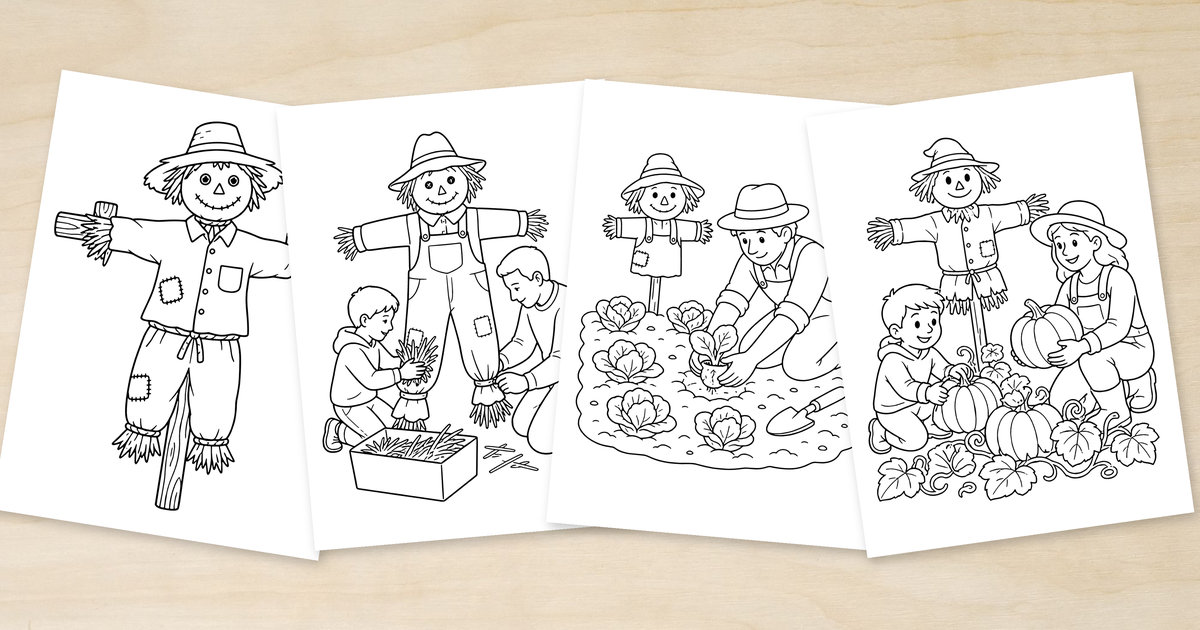 Four overlapping scarecrow coloring page previews on a light wooden surface, showing a standalone scarecrow, scarecrow making, vegetable planting and pumpkin harvesting.