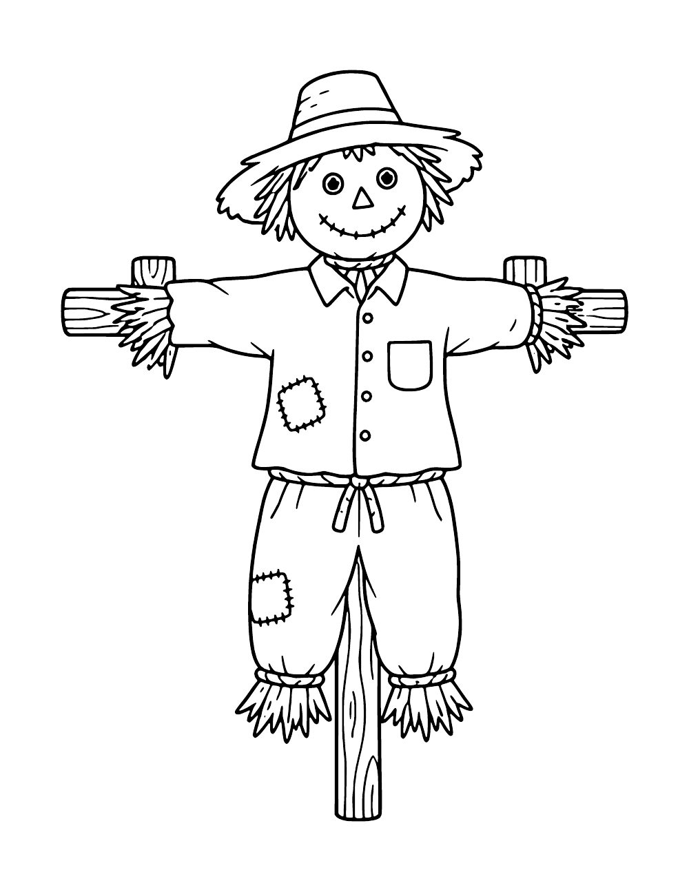 Smiling scarecrow on a wooden support, wearing a wide-brimmed hat, buttoned shirt and patched trousers, with straw at its cuffs.