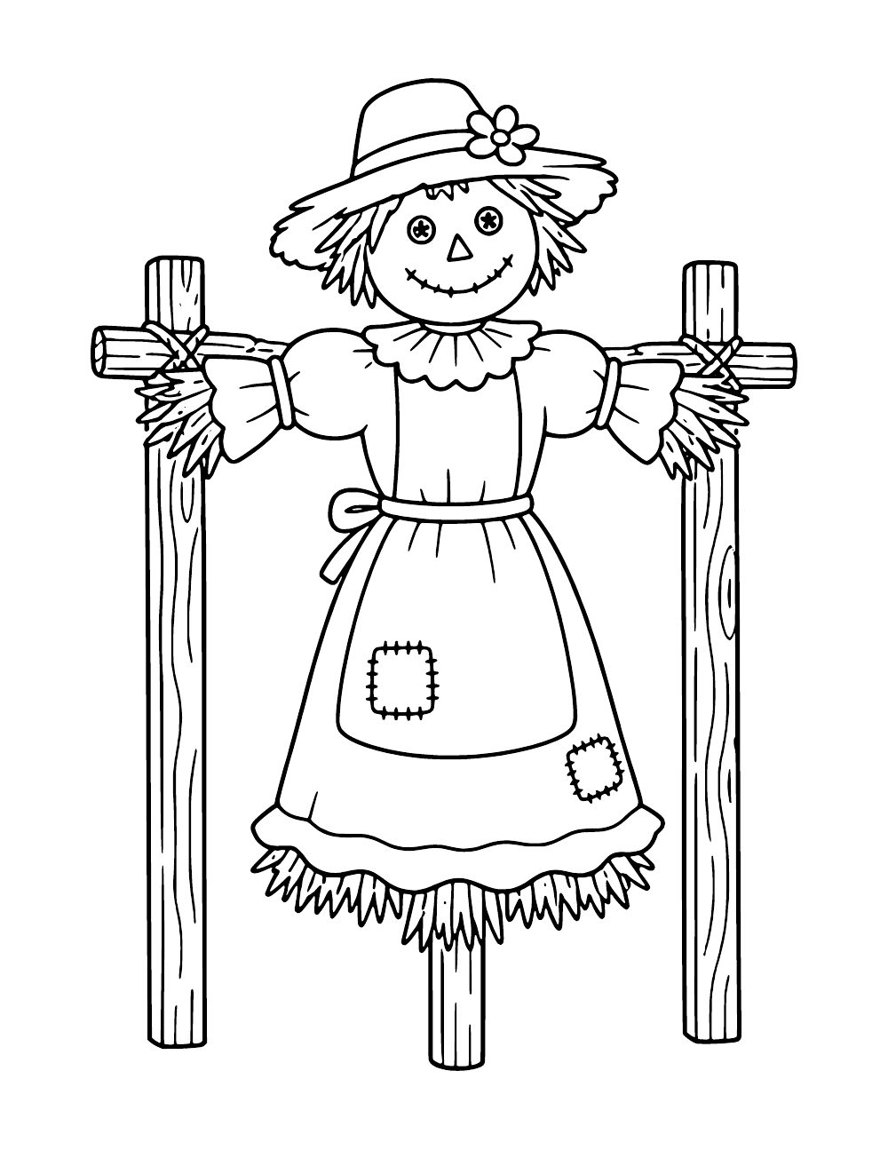 Scarecrow with button eyes, a flower on its hat, puffed sleeves and a patched apron, supported by a wooden frame.