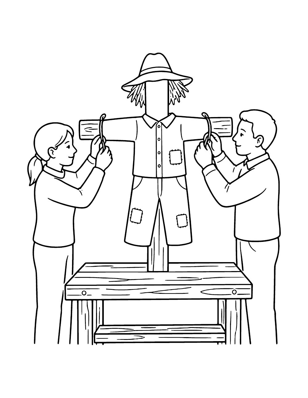 Two people tying a scarecrow’s sleeves to a wooden crossbar above a workbench, with a hat on its bare wooden head post.