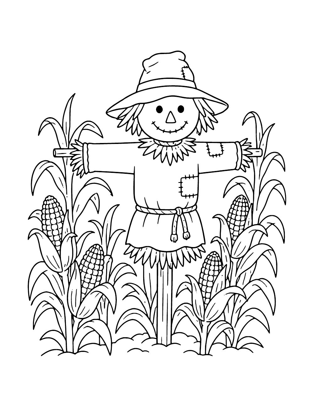 Scarecrow in a patched hat and rope-tied tunic standing among tall cornstalks with ears of corn.