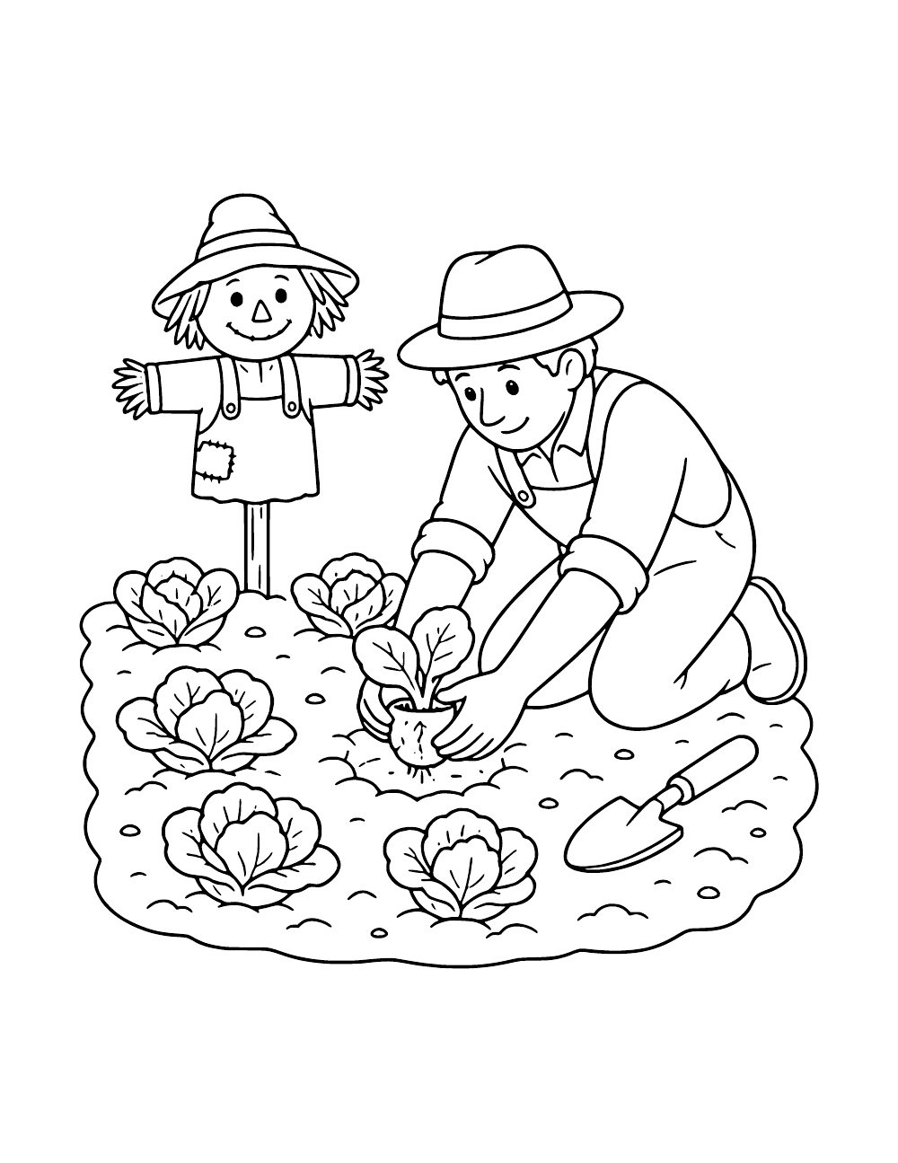 Gardener kneeling to plant a leafy seedling among rows of leafy vegetables, with a small scarecrow behind and a trowel nearby.