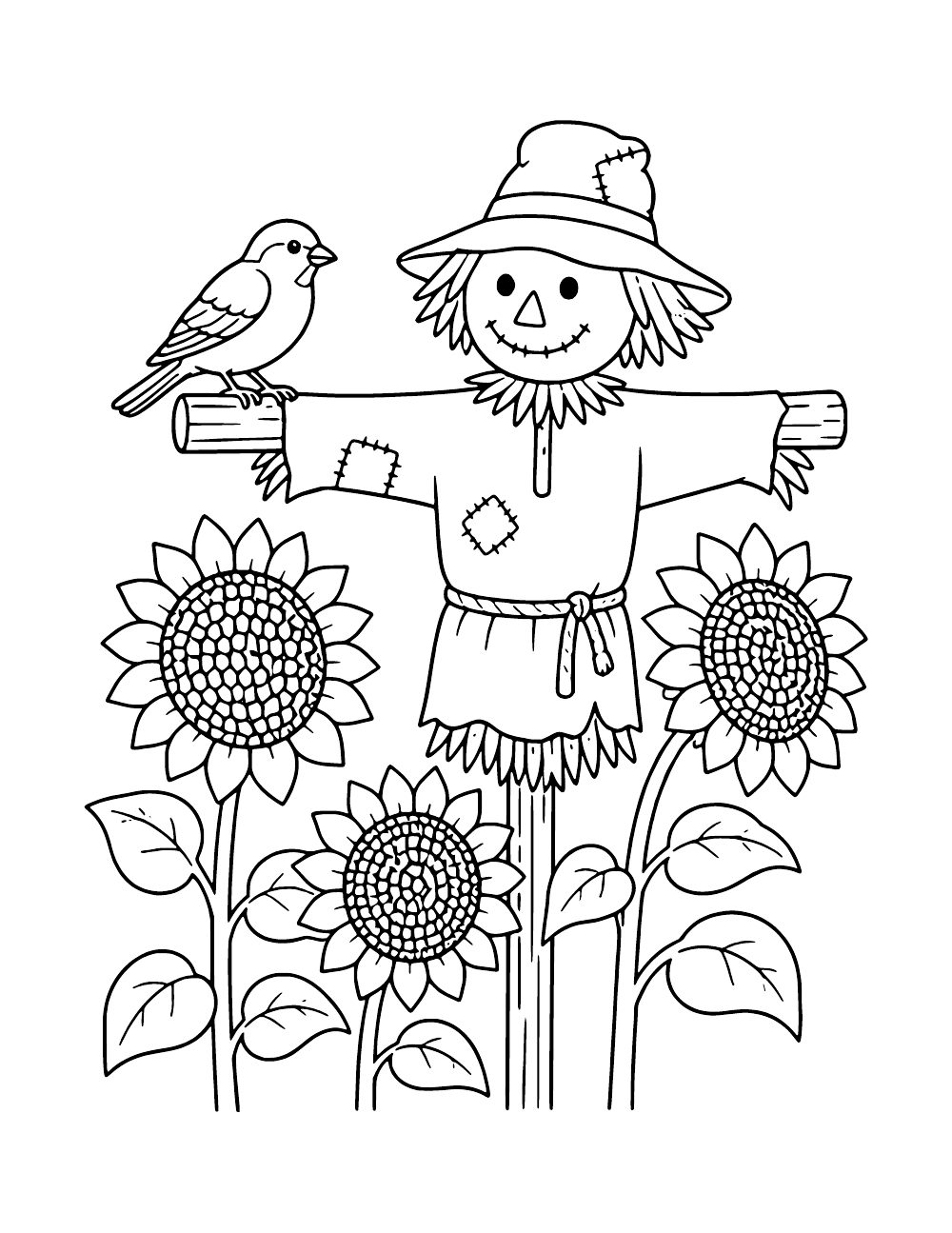 Bird perched on a scarecrow’s wooden crossbar above three large sunflowers, with patches on the scarecrow’s hat and tunic.