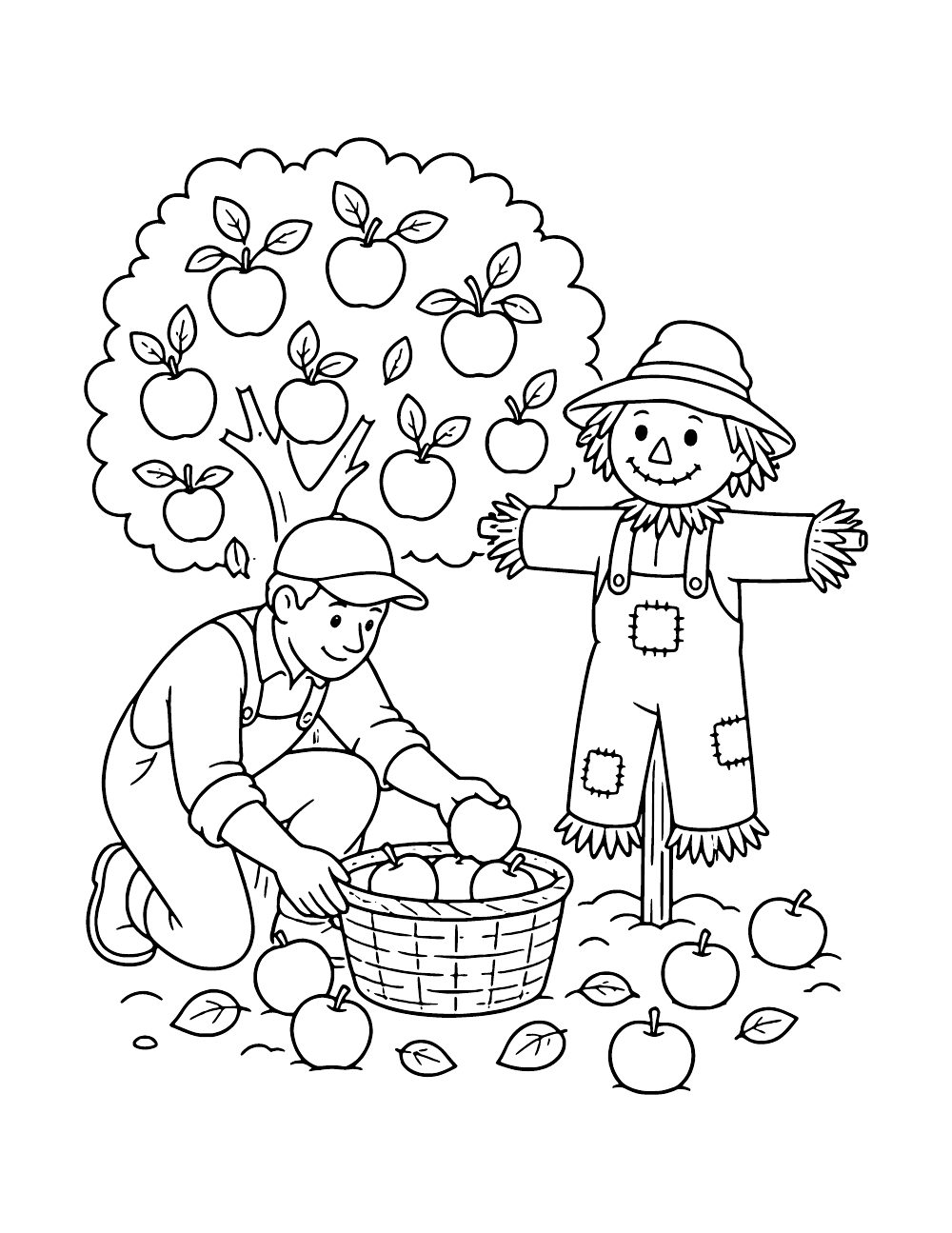 Person kneeling beside a basket of apples beneath an apple tree, with a scarecrow in patched overalls and apples scattered on the ground.