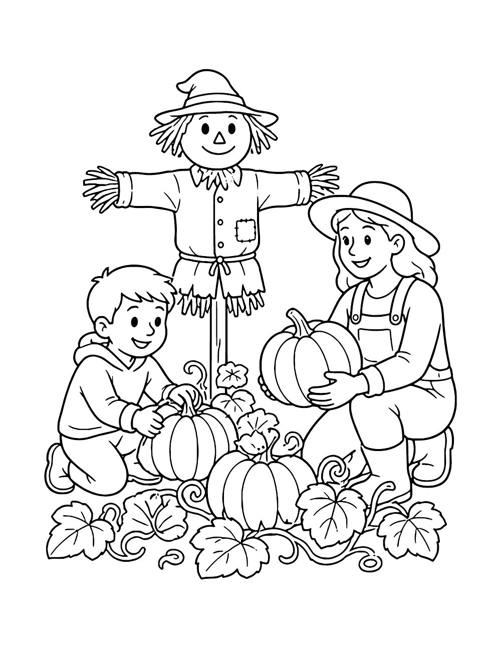 Child and adult kneeling among pumpkins and curling vines, with the adult holding a pumpkin and a scarecrow standing behind them.