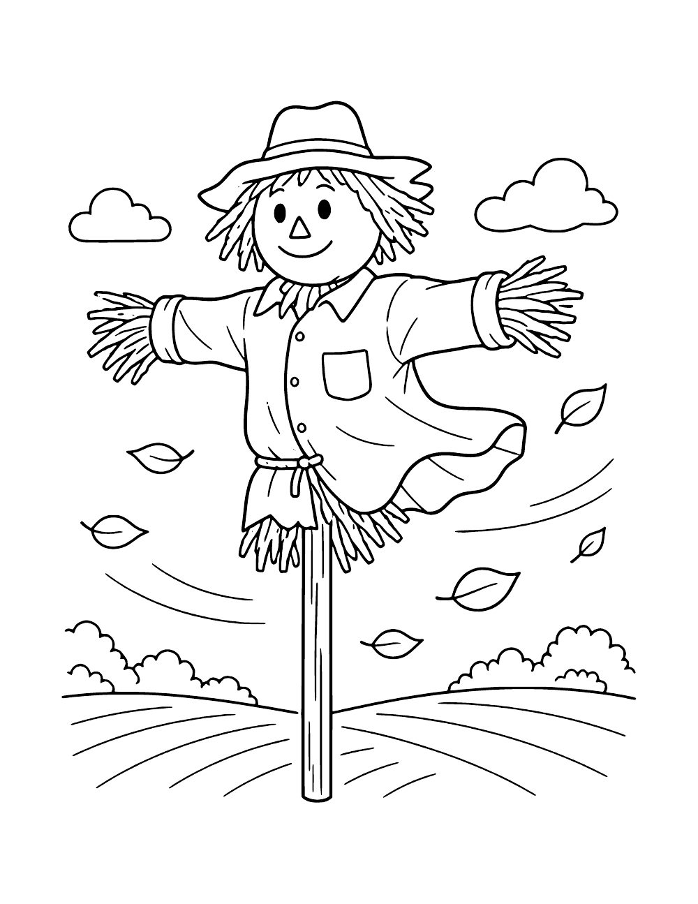 Scarecrow on a tall wooden post with its shirt blowing sideways, surrounded by drifting leaves, clouds and curved field rows.