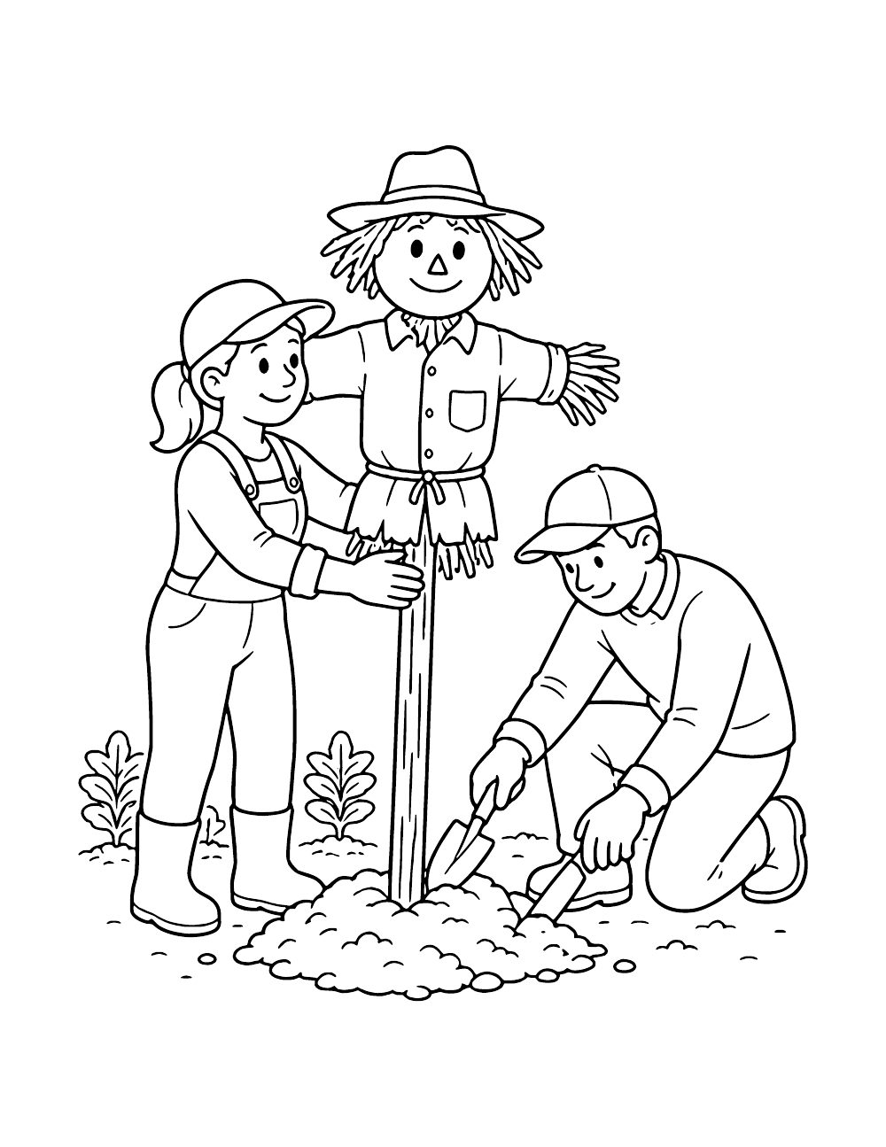 Two people installing a scarecrow in a garden, one holding its wooden post while the other kneels with hand tools beside the soil mound.