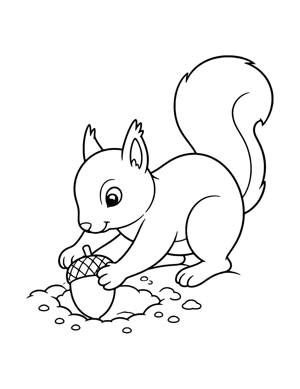 A squirrel placing an acorn into a small hole in the ground.