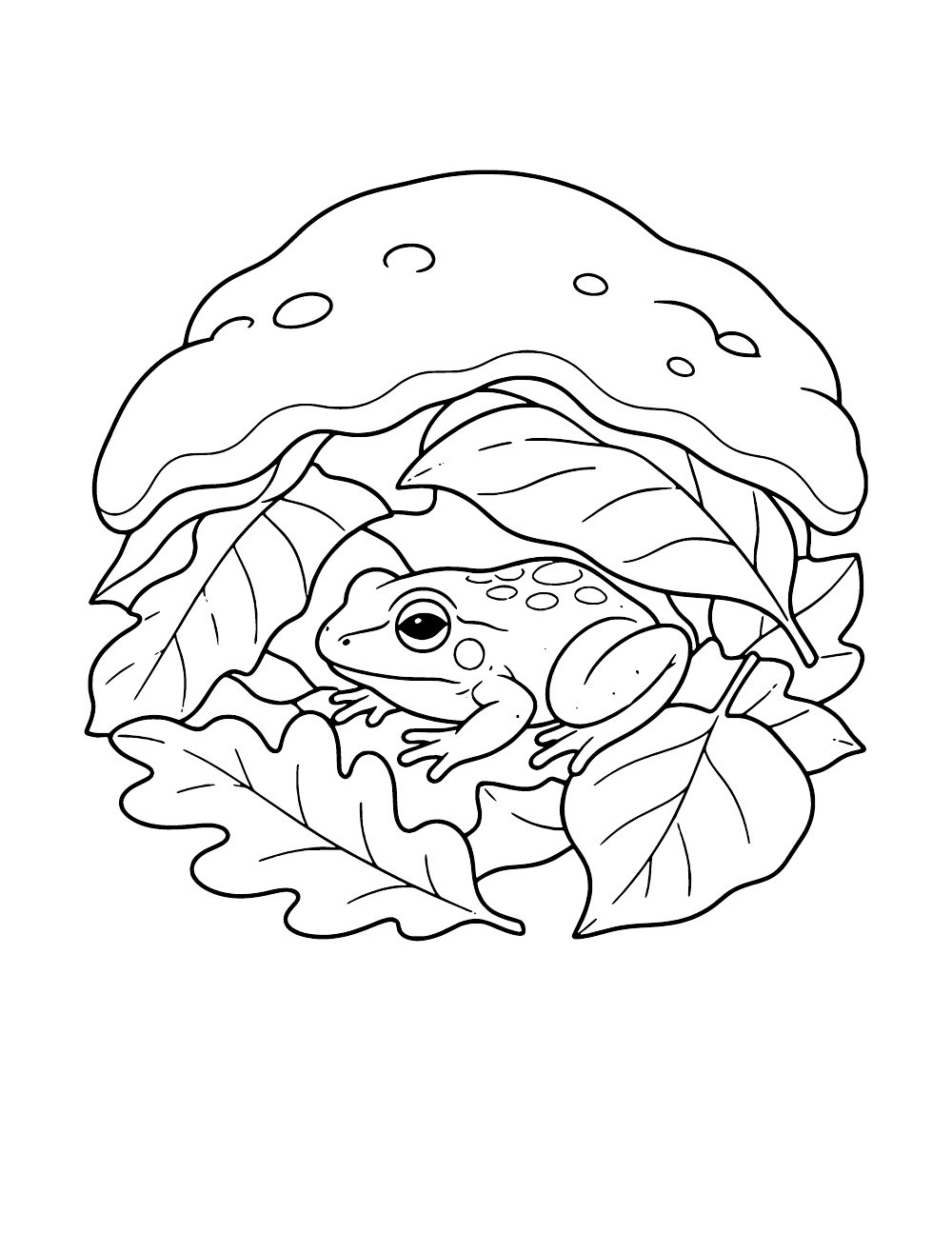 Wood frog sheltering beneath fallen leaves and snow on the forest floor, coloring page