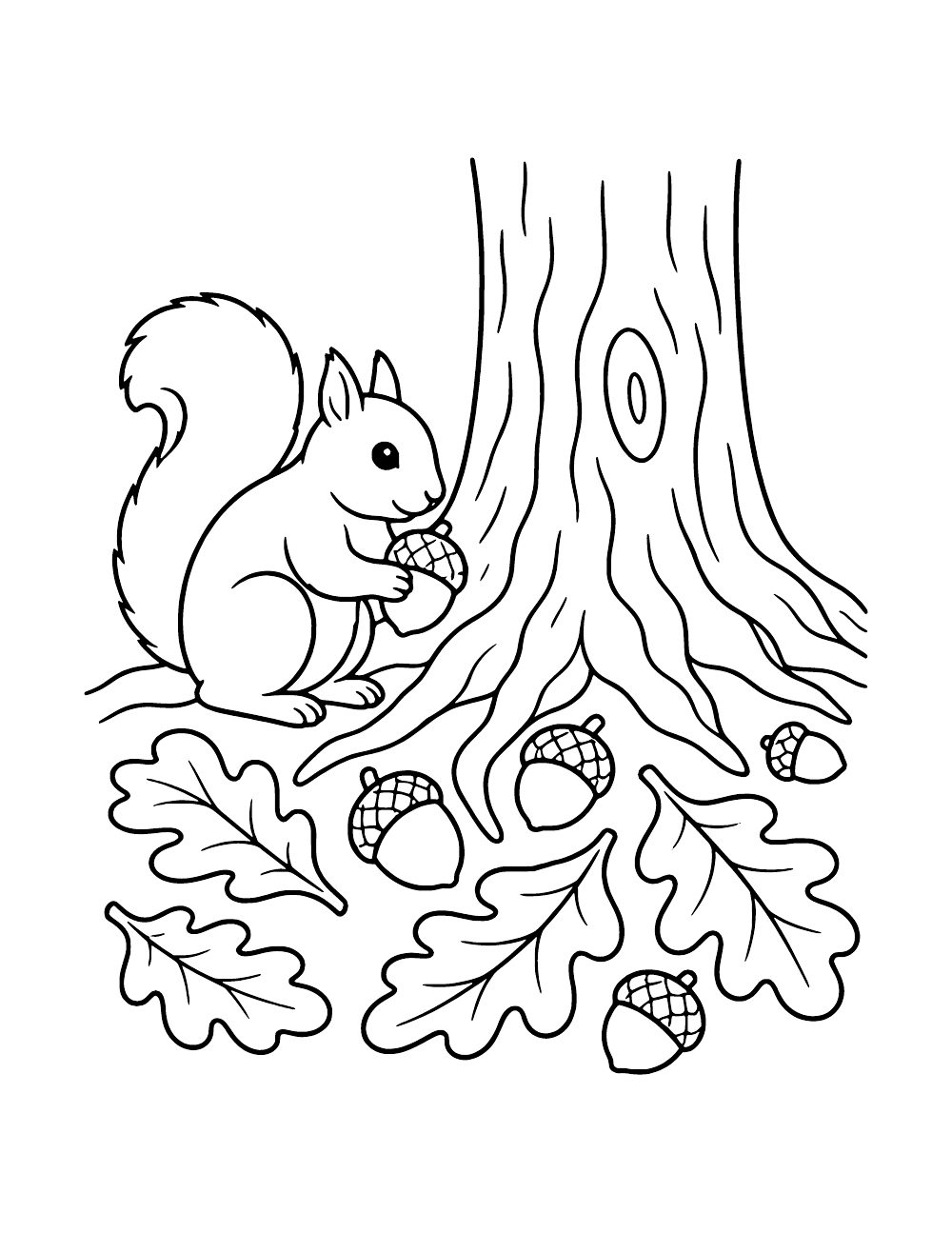 A squirrel beside oak roots with fallen acorns and leaves.