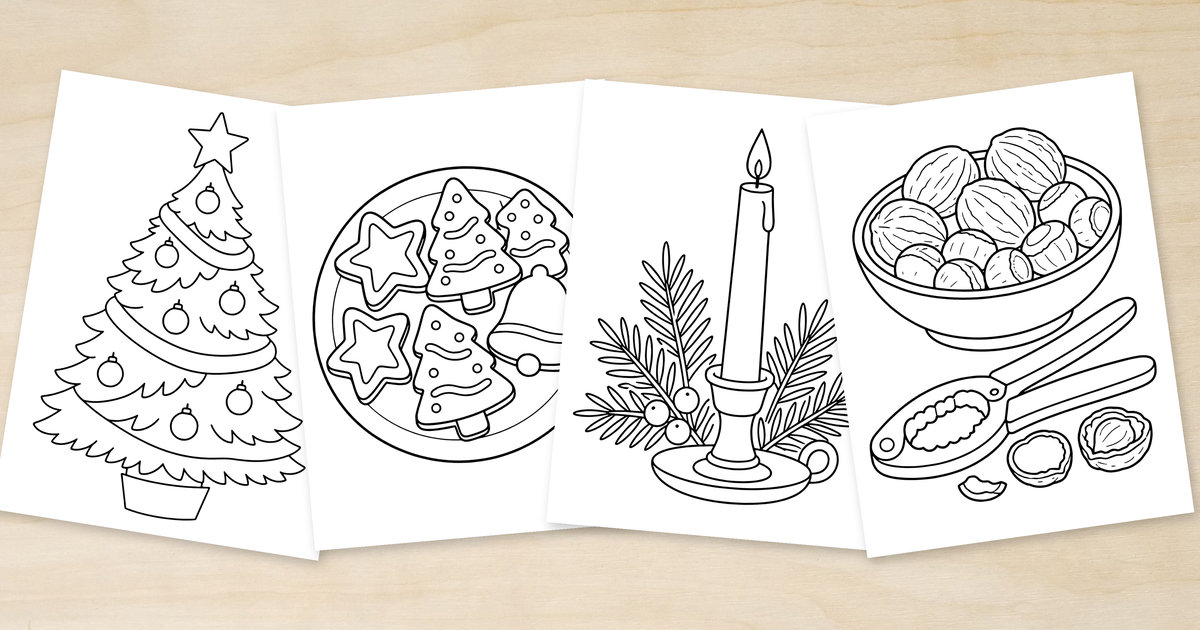Four overlapping coloring-page previews on a light wood surface showing a decorated tree, festive cookies, a candle with evergreen sprigs, and nuts with a handheld nutcracker.