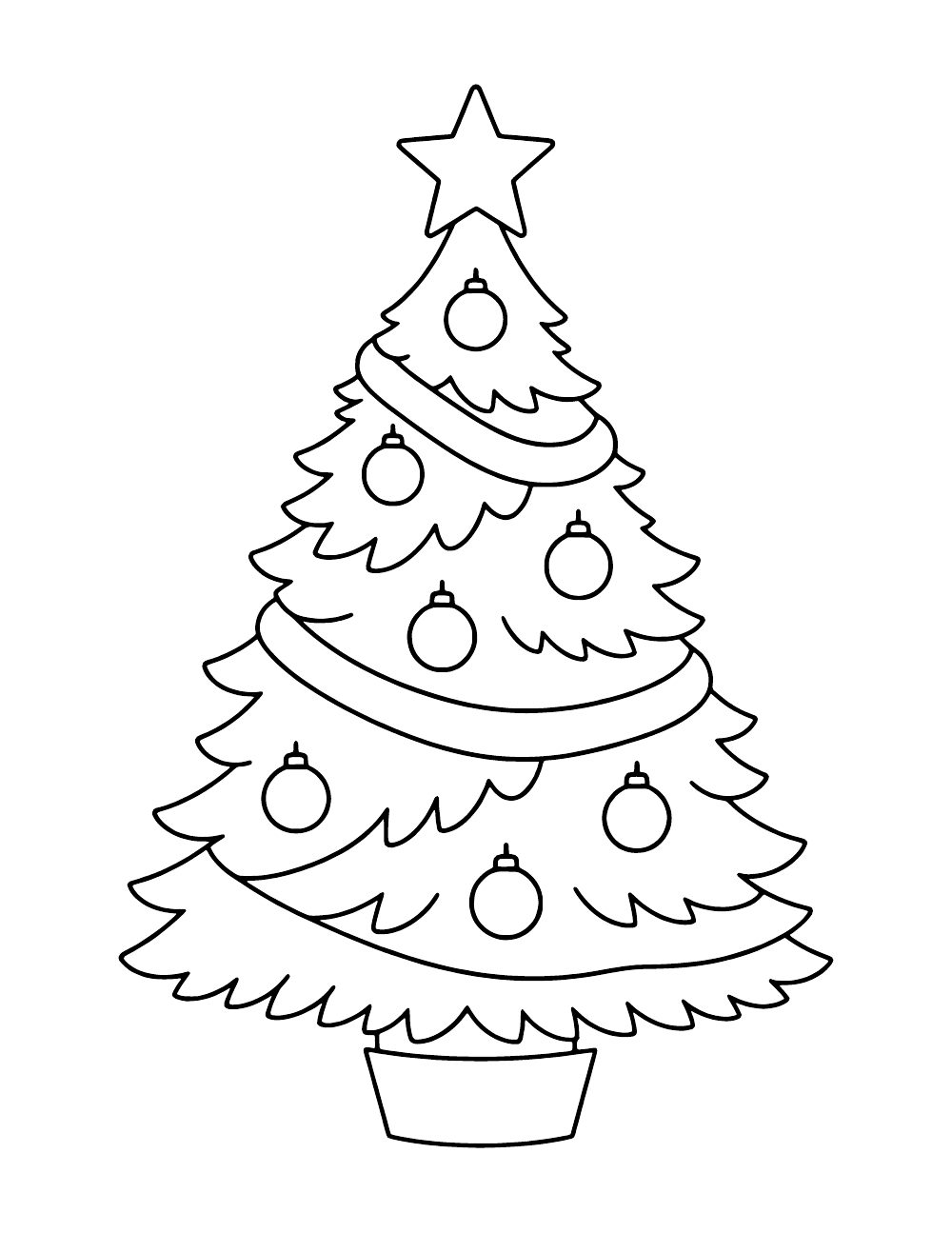 Christmas tree in a pot decorated with round ornaments, sweeping garlands and a large star on top.