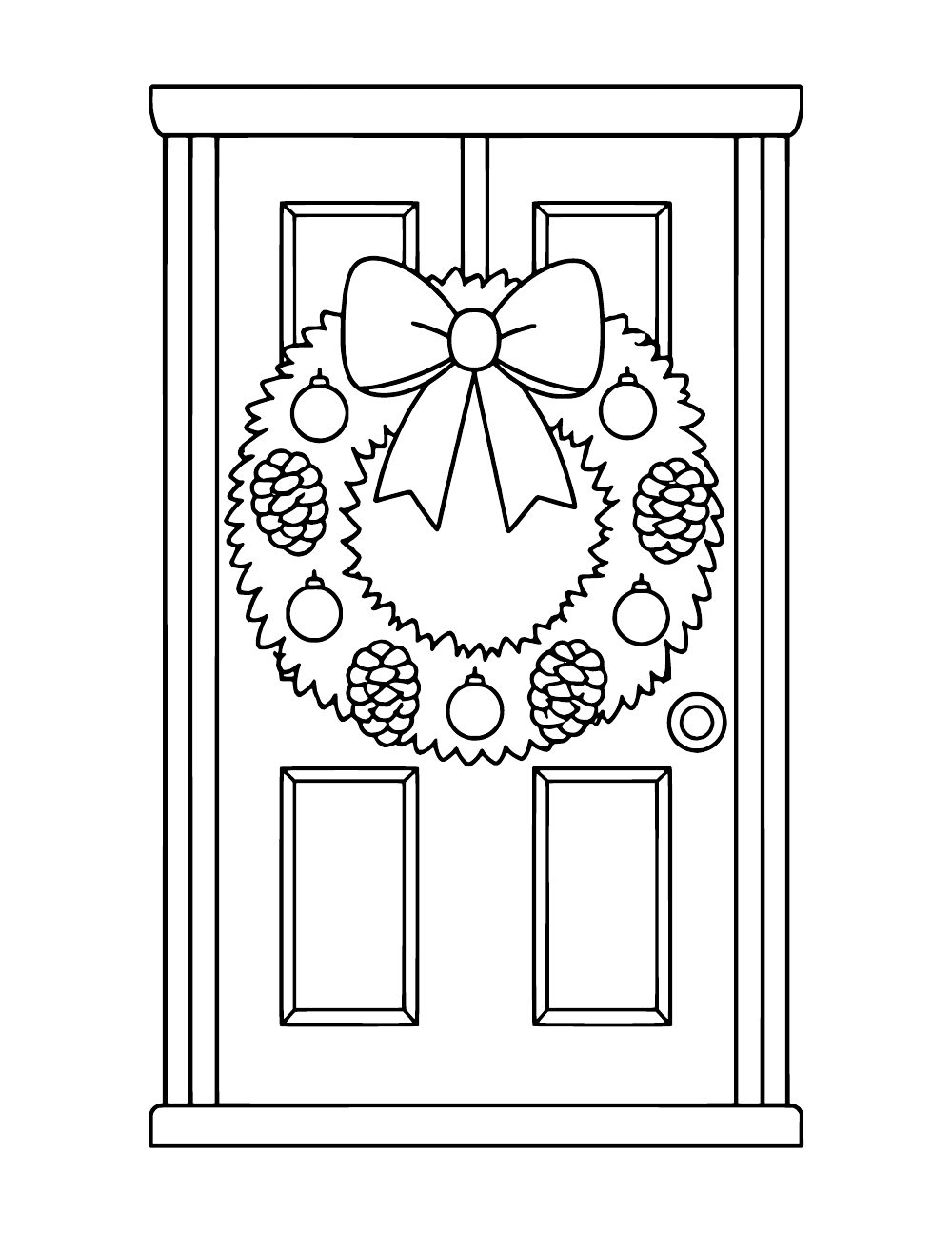 Paneled front door with a wreath decorated with pinecones, round ornaments and a large bow.
