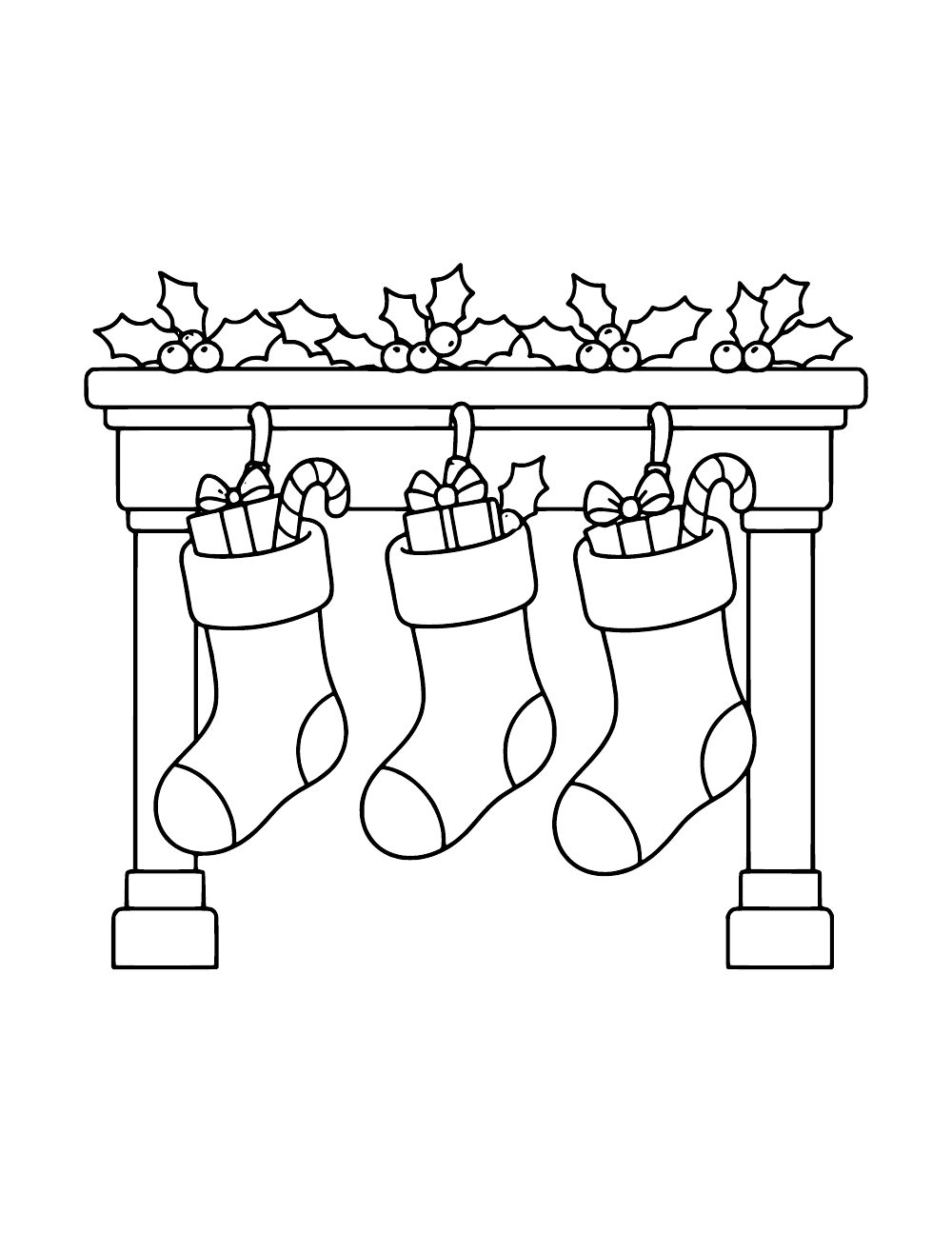 Three stockings holding wrapped gifts and candy canes hang beneath a mantel decorated with holly.