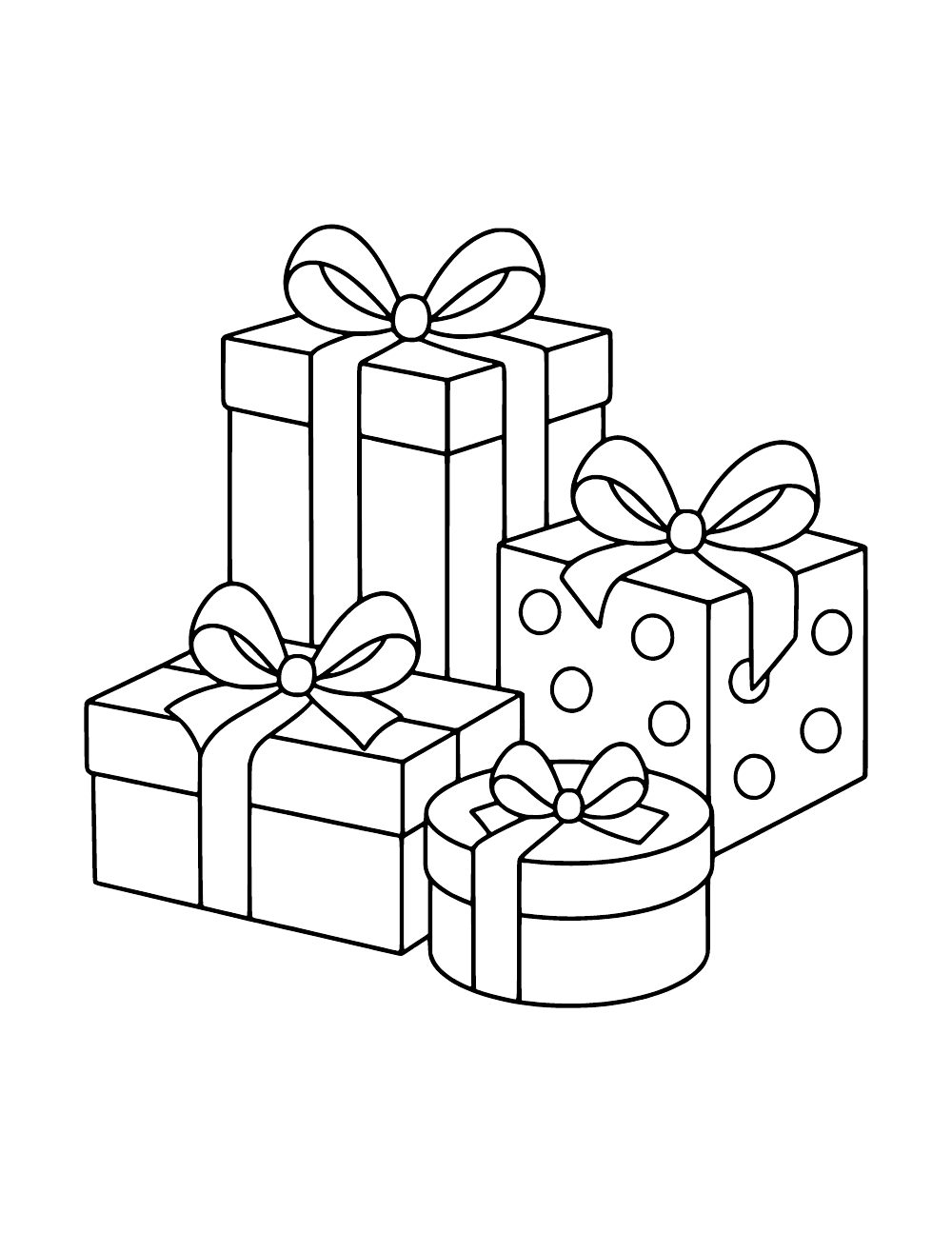Four wrapped gifts in different shapes and sizes, including a dotted box and a round box, topped with bows.