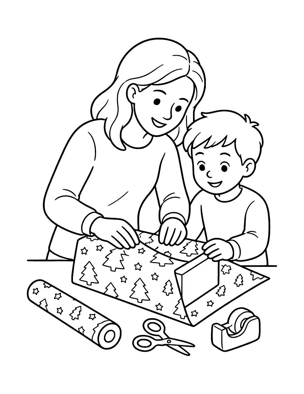 An adult and child wrap a box in paper patterned with trees and stars, with scissors and tape on the table.